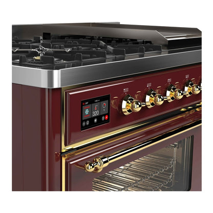 ILVE Majestic II 48 inch Triple Glass Door Natural Gas Dual Fuel Range Brass Burgundy