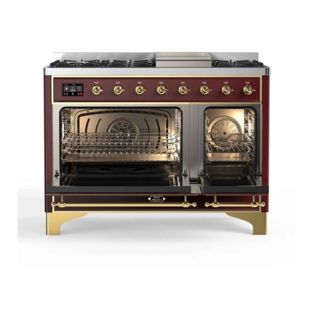 ILVE Majestic II 48 inch Triple Glass Door Natural Gas Dual Fuel Range Brass Burgundy