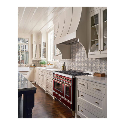 ILVE Majestic II 48 inch Triple Glass Door Natural Gas Dual Fuel Range Brass Burgundy