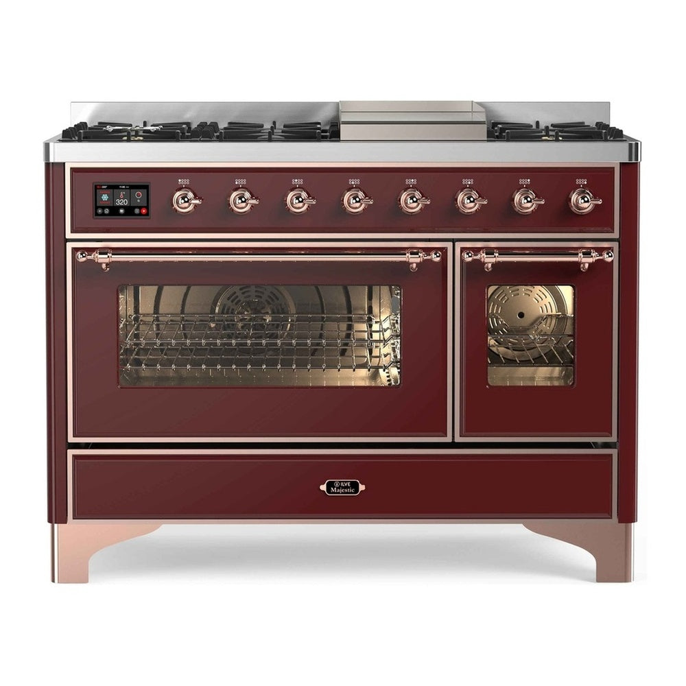 ILVE Majestic II 48" Burgundy Dual Fuel Range with 8 Burners and Griddle Triple Glass Door Liquid Propane