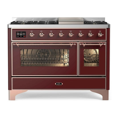 ILVE Majestic II 48" Burgundy Dual Fuel Range with 8 Burners and Griddle Triple Glass Door Liquid Propane