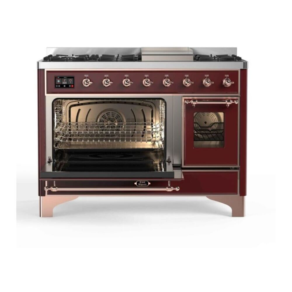 ILVE Majestic II 48 inch Triple Glass Door Natural Gas Dual Fuel Range Copper Burgundy