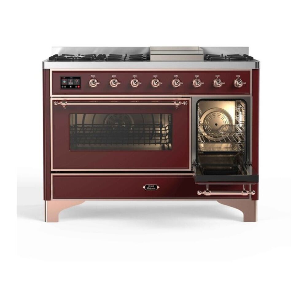 ILVE Majestic II 48 inch Triple Glass Door Natural Gas Dual Fuel Range Copper Burgundy