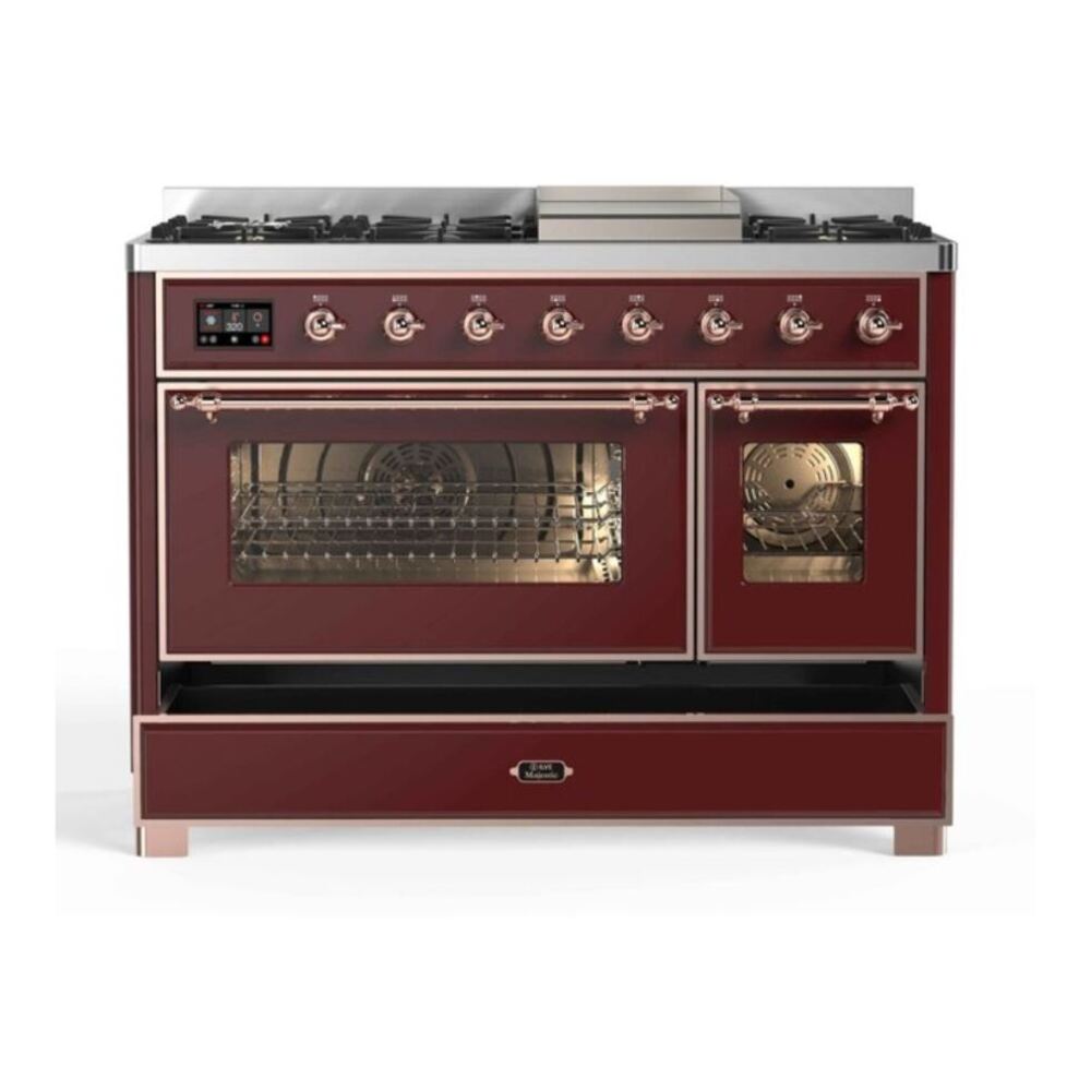ILVE Majestic II 48 inch Triple Glass Door Natural Gas Dual Fuel Range Copper Burgundy