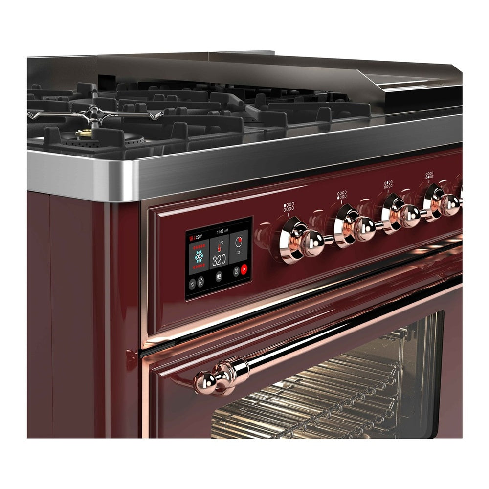 ILVE Majestic II 48 inch Triple Glass Door Natural Gas Dual Fuel Range Copper Burgundy