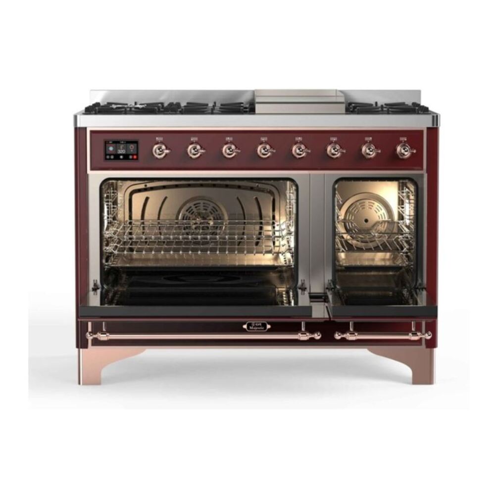 ILVE Majestic II 48 inch Triple Glass Door Natural Gas Dual Fuel Range Copper Burgundy