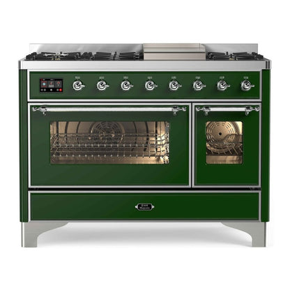 ILVE Majestic II 48 inch Triple Glass Door Natural Gas Dual Fuel Range Chrome Emerald Green