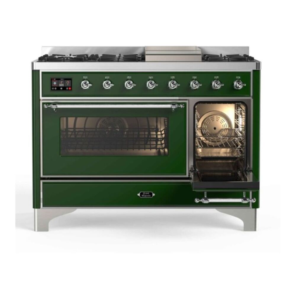ILVE Majestic II 48 inch Triple Glass Door Natural Gas Dual Fuel Range Chrome Emerald Green