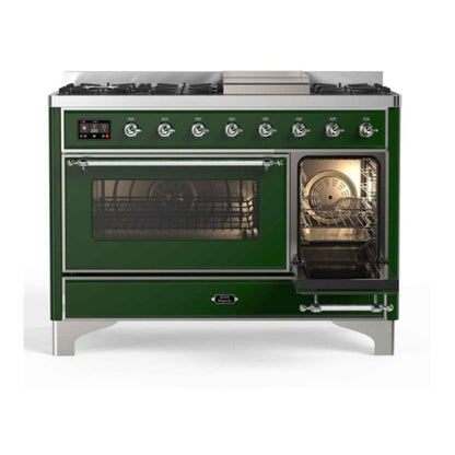 ILVE Majestic II 48 inch Triple Glass Door Natural Gas Dual Fuel Range Chrome Emerald Green
