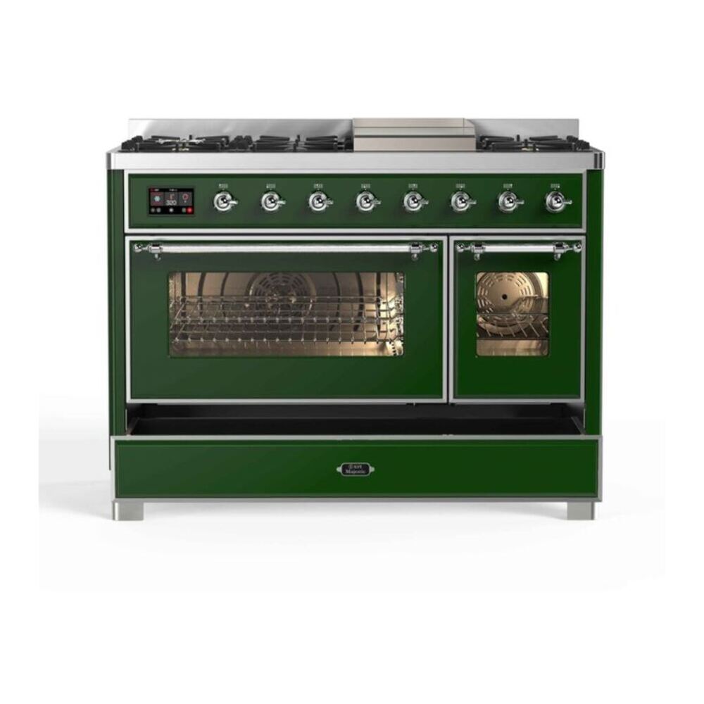 ILVE Majestic II 48 inch Triple Glass Door Natural Gas Dual Fuel Range Chrome Emerald Green