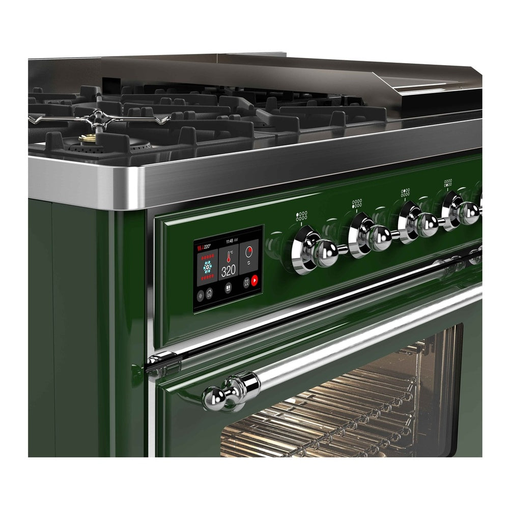 ILVE Majestic II 48 inch Triple Glass Door Natural Gas Dual Fuel Range Chrome Emerald Green