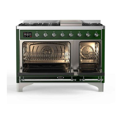 ILVE Majestic II 48 inch Triple Glass Door Natural Gas Dual Fuel Range Chrome Emerald Green