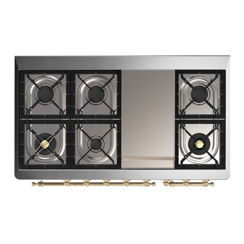 ILVE Majestic II 48 inch Triple Glass Door Natural Gas Dual Fuel Range Brass Emerald Green