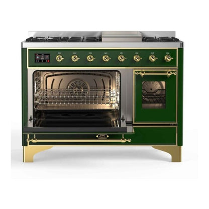ILVE Majestic II 48 inch Triple Glass Door Natural Gas Dual Fuel Range Brass Emerald Green