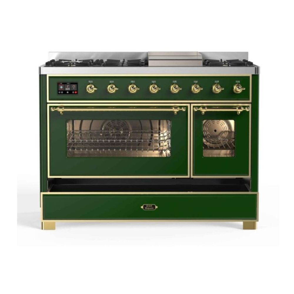 ILVE Majestic II 48 inch Triple Glass Door Natural Gas Dual Fuel Range Brass Emerald Green
