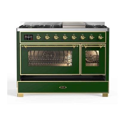 ILVE Majestic II 48 inch Triple Glass Door Natural Gas Dual Fuel Range Brass Emerald Green