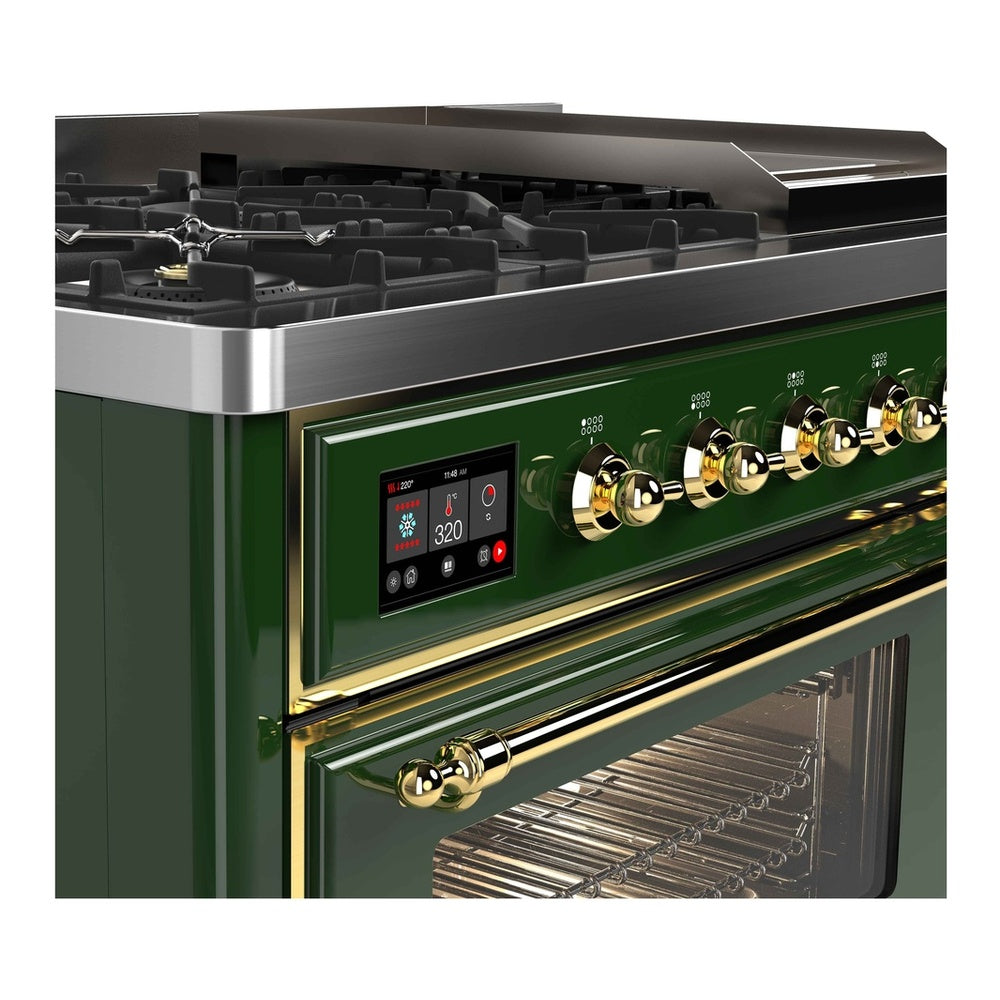 ILVE Majestic II 48 inch Triple Glass Door Natural Gas Dual Fuel Range Brass Emerald Green