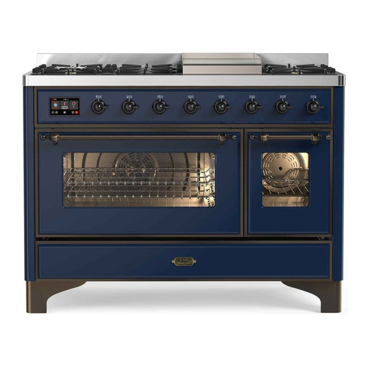 ILVE Majestic II 48" Midnight Blue Dual Fuel Range with 8 Burners and Griddle Triple Glass Door Liquid Propane
