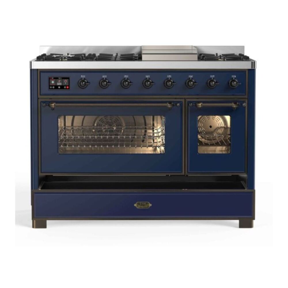 ILVE Majestic II 48 inch Triple Glass Door Natural Gas Dual Fuel Range Burnished Midnight Blue