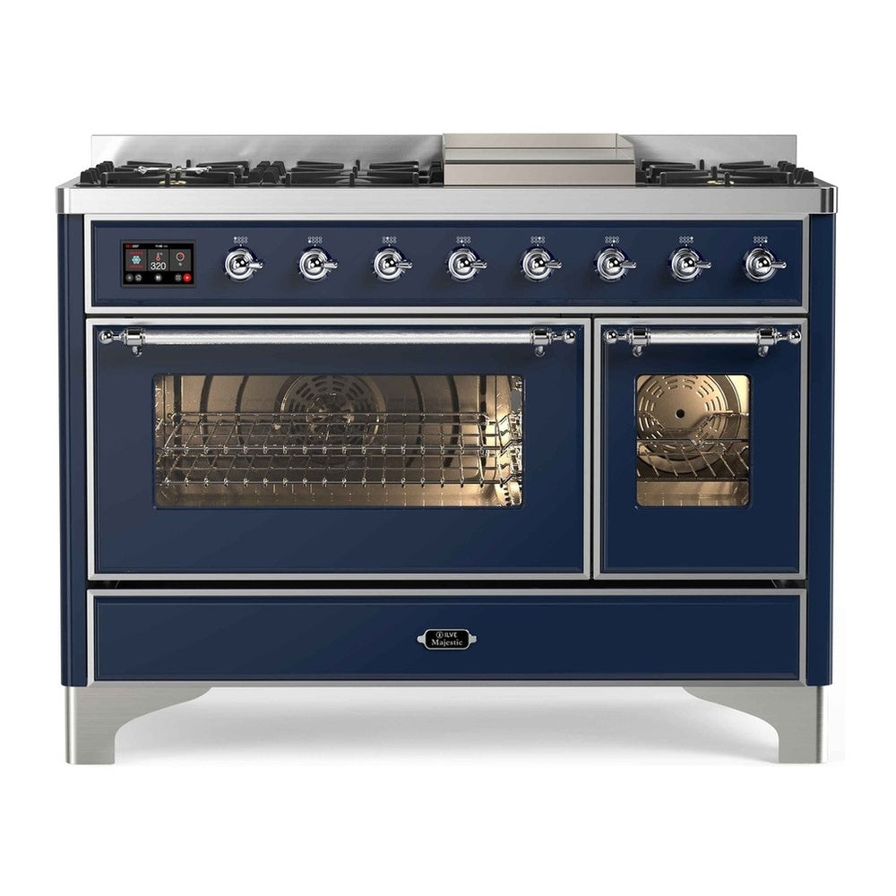 ILVE Majestic II 48" Midnight Blue Dual Fuel Range with 8 Burners and Griddle Triple Glass Door Natural Gas