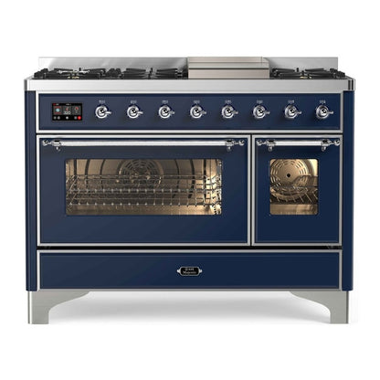 ILVE Majestic II 48 inch Triple Glass Door Natural Gas Dual Fuel Range Chrome Midnight Blue