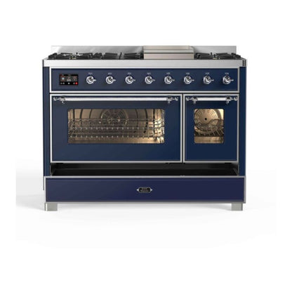 ILVE Majestic II 48 inch Triple Glass Door Natural Gas Dual Fuel Range Chrome Midnight Blue