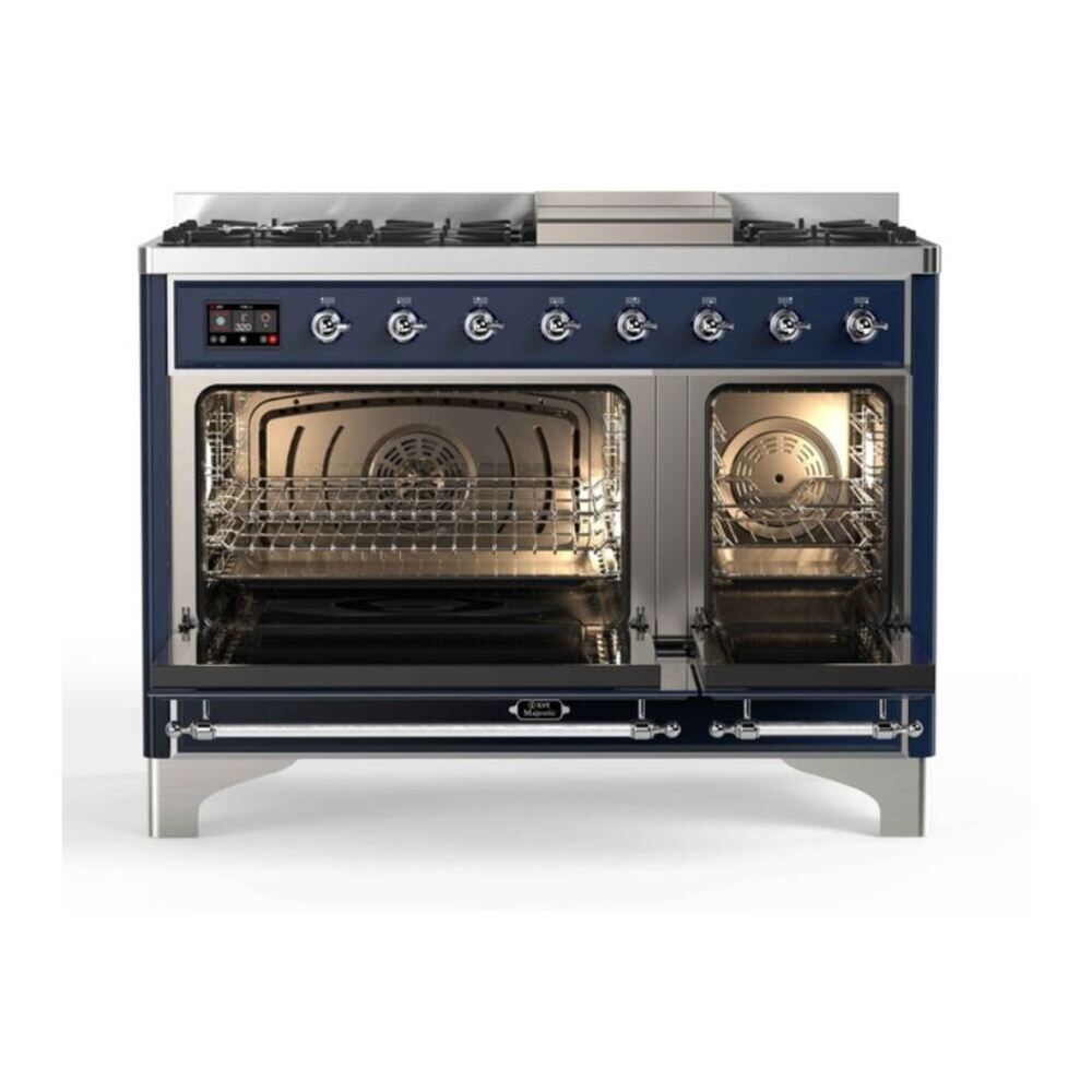 ILVE Majestic II 48 inch Triple Glass Door Natural Gas Dual Fuel Range Chrome Midnight Blue