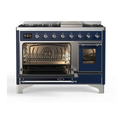 ILVE Majestic II 48 inch Triple Glass Door Natural Gas Dual Fuel Range Chrome Midnight Blue