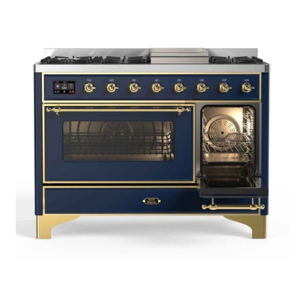 ILVE Majestic II 48 inch Triple Glass Door Natural Gas Dual Fuel Range Brass Midnight Blue