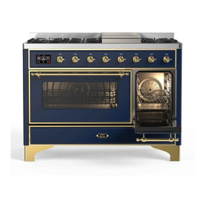 ILVE Majestic II 48 inch Triple Glass Door Natural Gas Dual Fuel Range Brass Midnight Blue