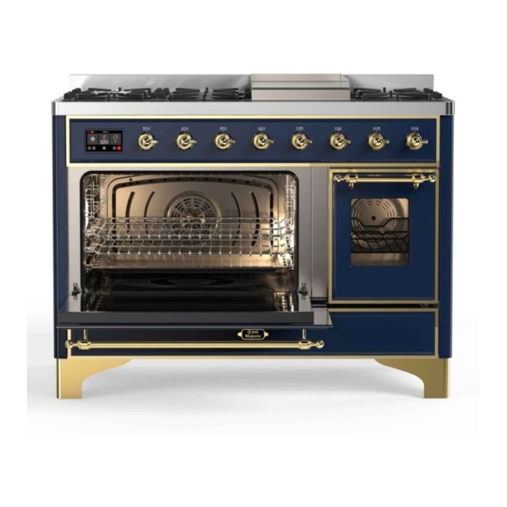 ILVE Majestic II 48 inch Triple Glass Door Natural Gas Dual Fuel Range Brass Midnight Blue