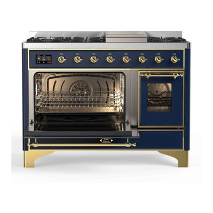 ILVE Majestic II 48 inch Triple Glass Door Natural Gas Dual Fuel Range Brass Midnight Blue