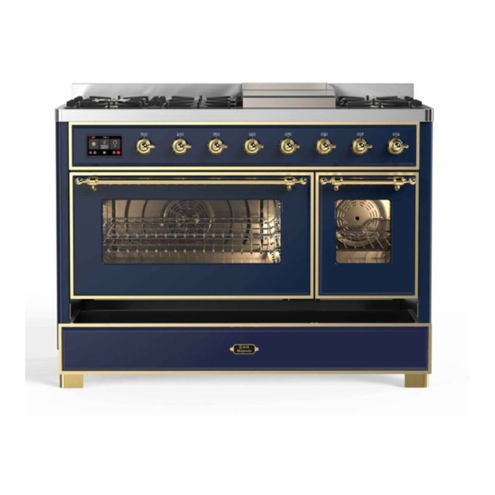 ILVE Majestic II 48 inch Triple Glass Door Natural Gas Dual Fuel Range Brass Midnight Blue