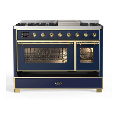 ILVE Majestic II 48 inch Triple Glass Door Natural Gas Dual Fuel Range Brass Midnight Blue