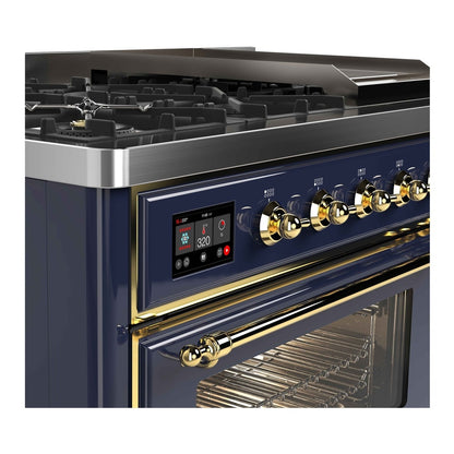 ILVE Majestic II 48 inch Triple Glass Door Natural Gas Dual Fuel Range Brass Midnight Blue