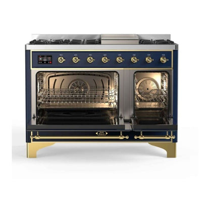 ILVE Majestic II 48 inch Triple Glass Door Natural Gas Dual Fuel Range Brass Midnight Blue