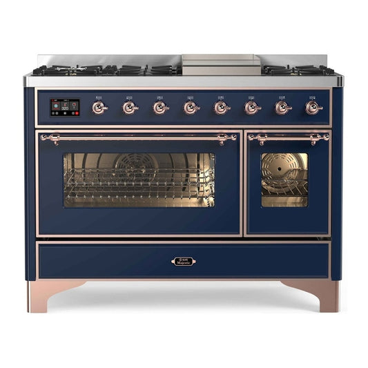 ILVE Majestic II 48" Midnight Blue Dual Fuel Range with 8 Burners and Griddle Triple Glass Door Natural Gas