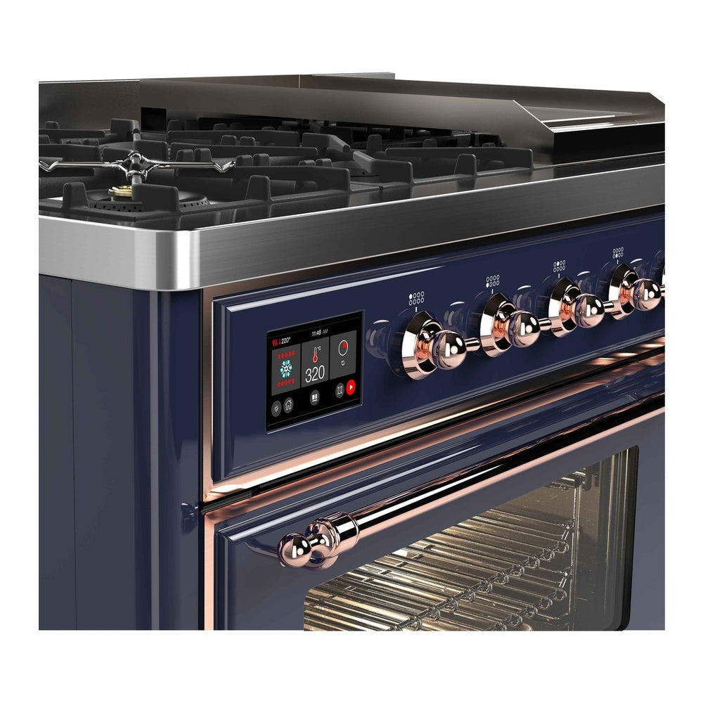 ILVE Majestic II 48 inch Triple Glass Door Natural Gas Dual Fuel Range Copper Midnight Blue