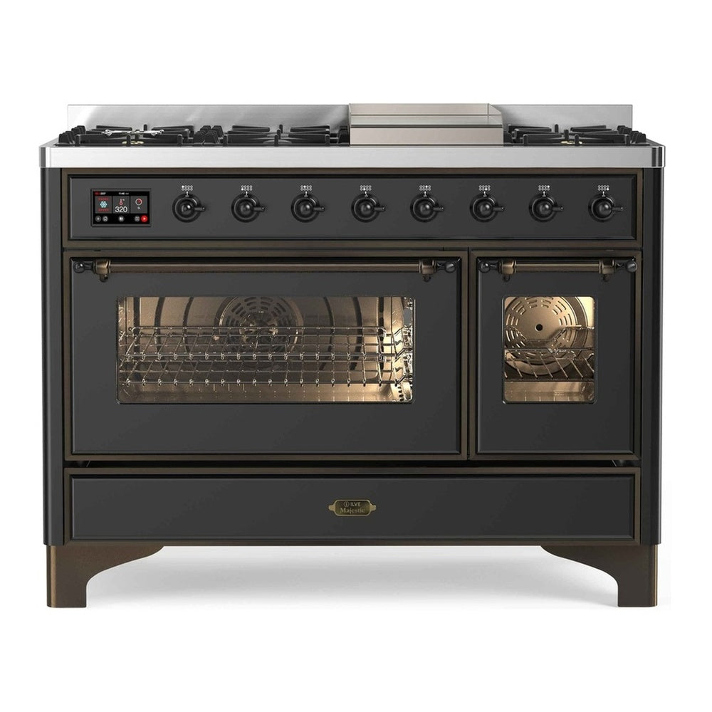 ILVE Majestic II 48" Graphite Matte Dual Fuel Range with 8 Burners and Griddle Triple Glass Door Liquid Propane