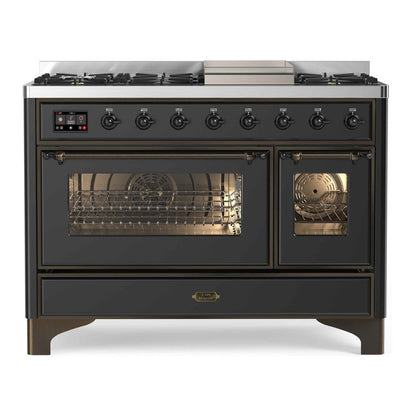ILVE Majestic II 48" Graphite Matte Dual Fuel Range with 8 Burners and Griddle Triple Glass Door Liquid Propane