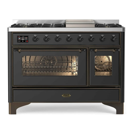 ILVE Majestic II 48" Graphite Matte Dual Fuel Range with 8 Burners and Griddle Triple Glass Door Liquid Propane