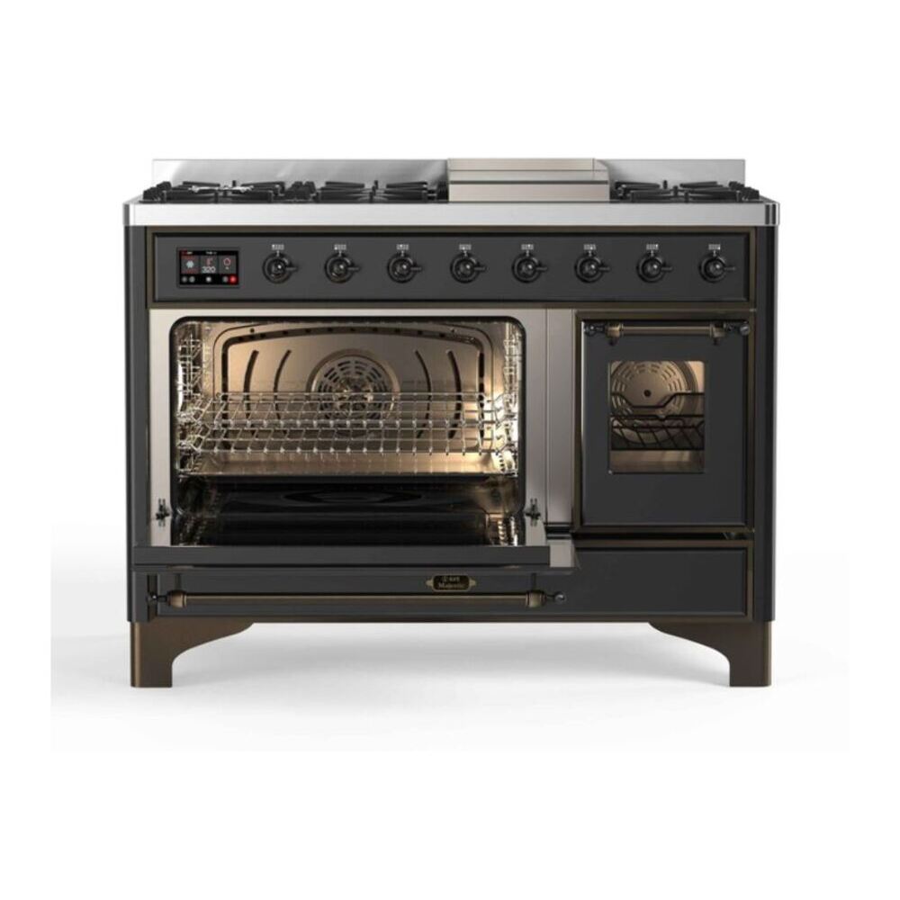 ILVE Majestic II 48" Graphite Matte Dual Fuel Range with 8 Burners and Griddle Triple Glass Door Liquid Propane