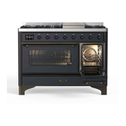 ILVE Majestic II 48" Graphite Matte Dual Fuel Range with 8 Burners and Griddle Triple Glass Door Liquid Propane