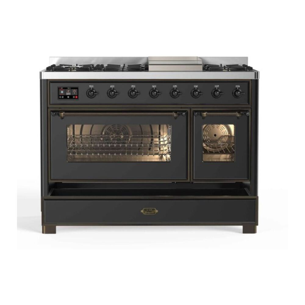 ILVE Majestic II 48" Graphite Matte Dual Fuel Range with 8 Burners and Griddle Triple Glass Door Liquid Propane