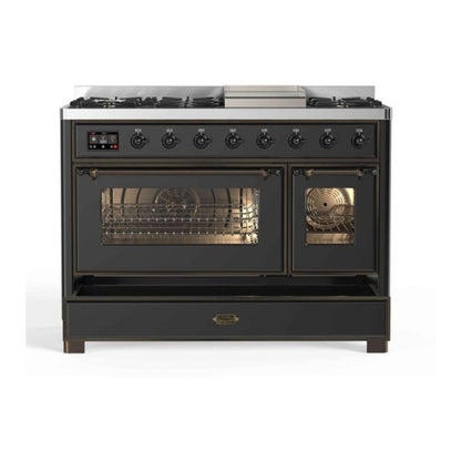 ILVE Majestic II 48" Graphite Matte Dual Fuel Range with 8 Burners and Griddle Triple Glass Door Liquid Propane