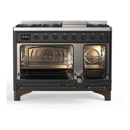 ILVE Majestic II 48" Graphite Matte Dual Fuel Range with 8 Burners and Griddle Triple Glass Door Liquid Propane
