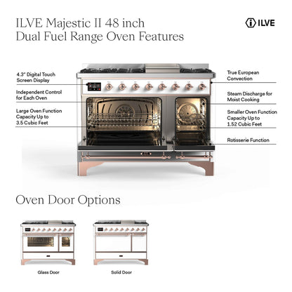 ILVE Majestic II 48" Graphite Matte Dual Fuel Range with 8 Burners and Griddle Triple Glass Door Liquid Propane
