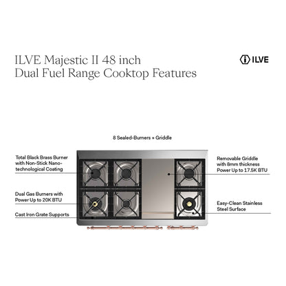 ILVE Majestic II 48" Graphite Matte Dual Fuel Range with 8 Burners and Griddle Triple Glass Door Liquid Propane