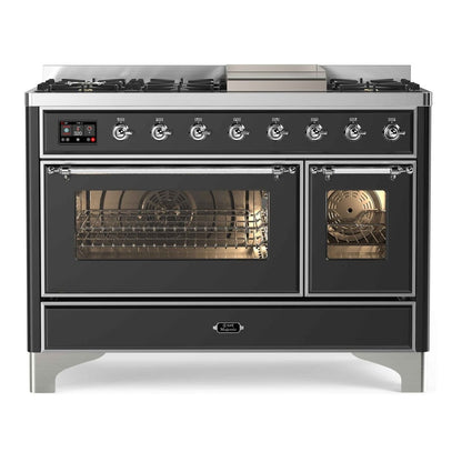 ILVE Majestic II 48" Graphite Matte Dual Fuel Range with 8 Burners and Griddle Triple Glass Door Liquid Propane