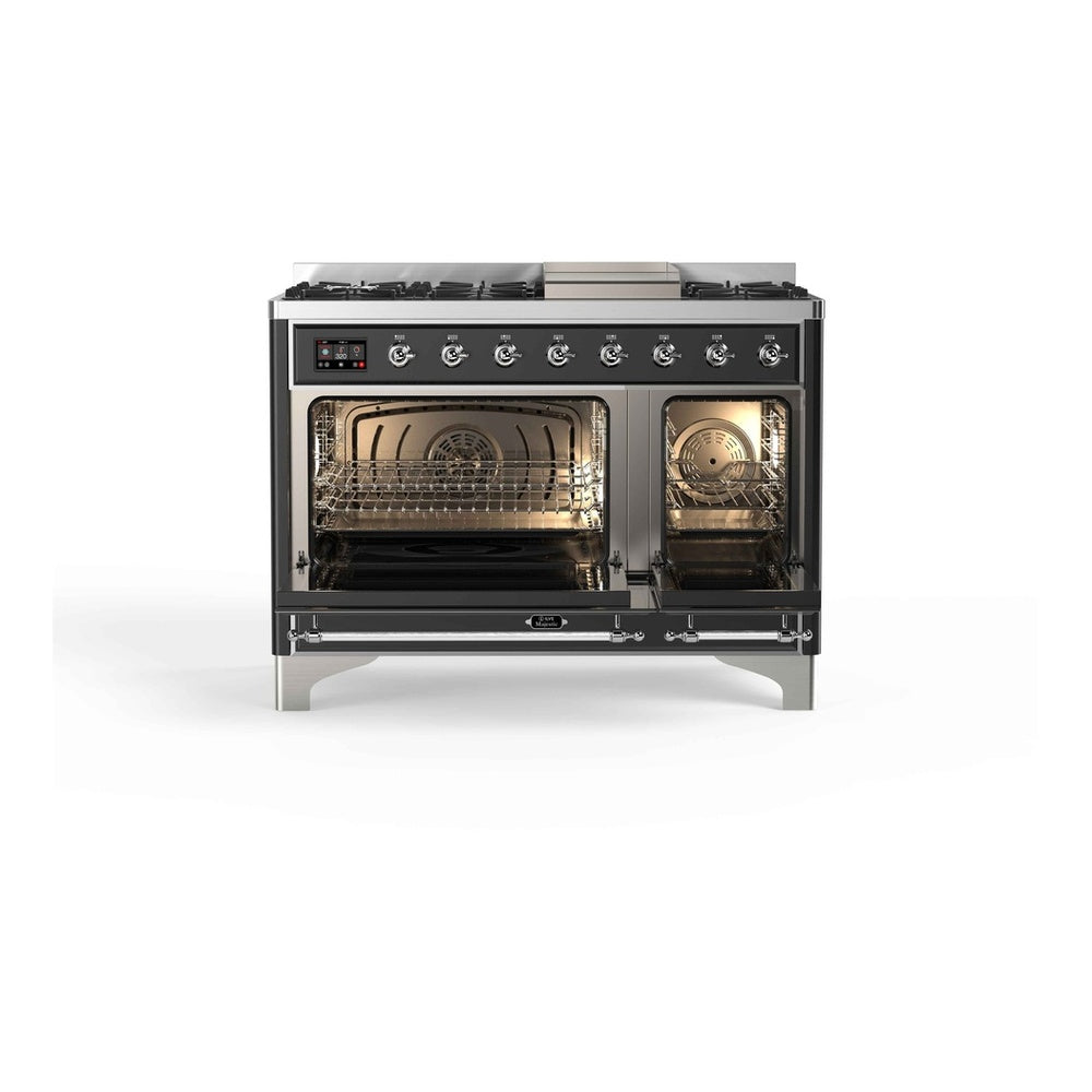ILVE Majestic II 48 inch Triple Glass Door Natural Gas Dual Fuel Range Chrome Graphite Matte